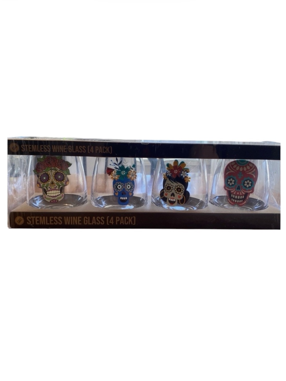 NIB Set of4 Day of the Dead Krafti Gifts SugarSkull Stemless Wine Glass Tumblers